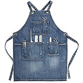 Jeanerlor Denim Hair Stylist Apron With Pockets for Women, Acid Washed Jean Work Tool Aprons Cross Back for Hairstylist (Denim Blue) Adjustable S to L