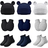 Geyoga 9 Pieces Newborn Baby Hat Mittens Sock Set Bear Ears Hat Mittens No Scratch Gloves for 0-12 Months Boy Girl