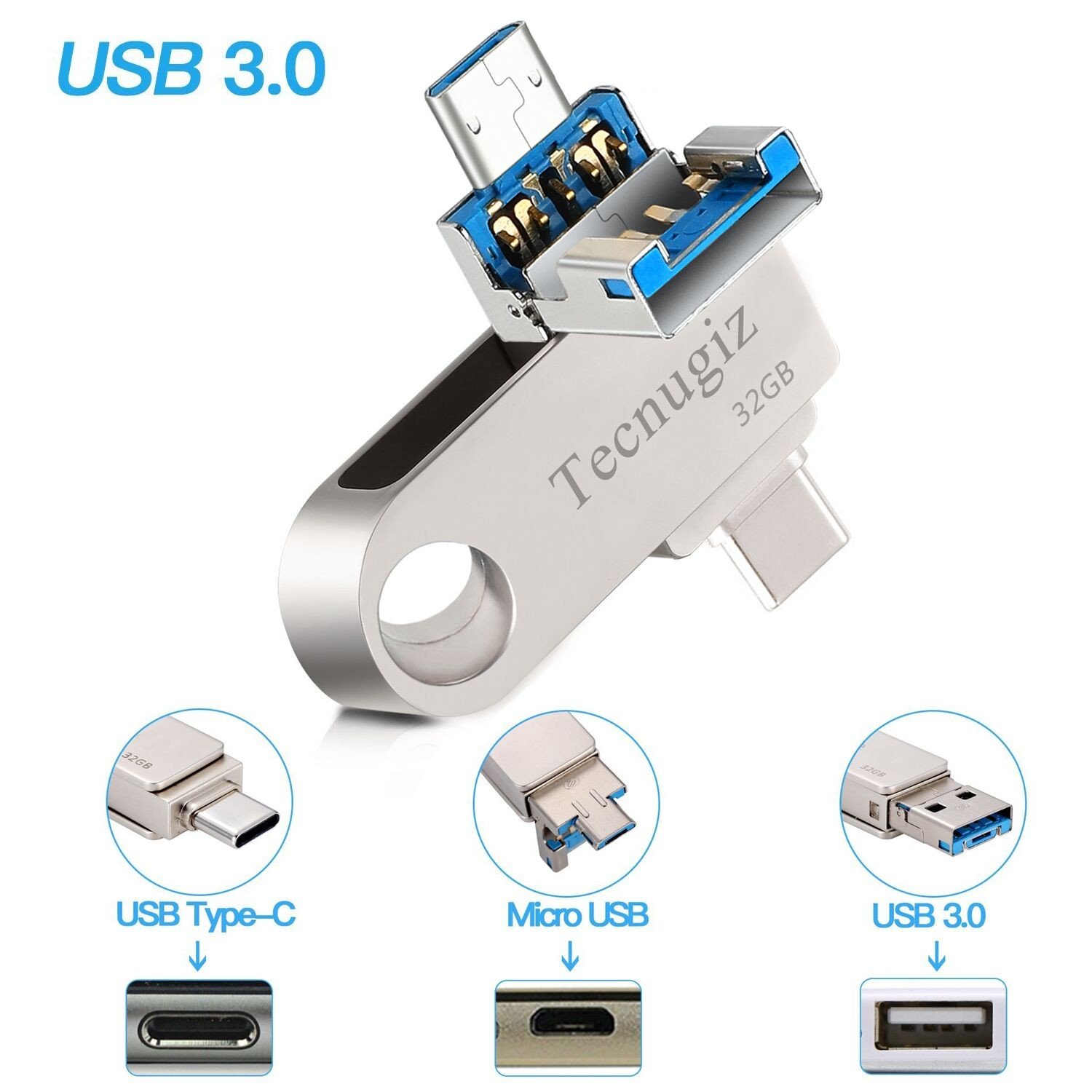 USB 3.0 Type C Flash Driver 32 GB, Tecnugiz 3-in-1, for Storage & Fast Data Transfer, Smartphone, Laptop, Tablet, 3 interfaces: Type C/USB 3.0/Micro-USB