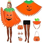 NatuBeau 6 PCS Halloween Pumpkin Costume Women, Double-Sided Pumpkin Poncho with Headband, Striped Tights, Bag, Earrings and Brooch, Halloween Costume with Accessories for Cosplay Party
