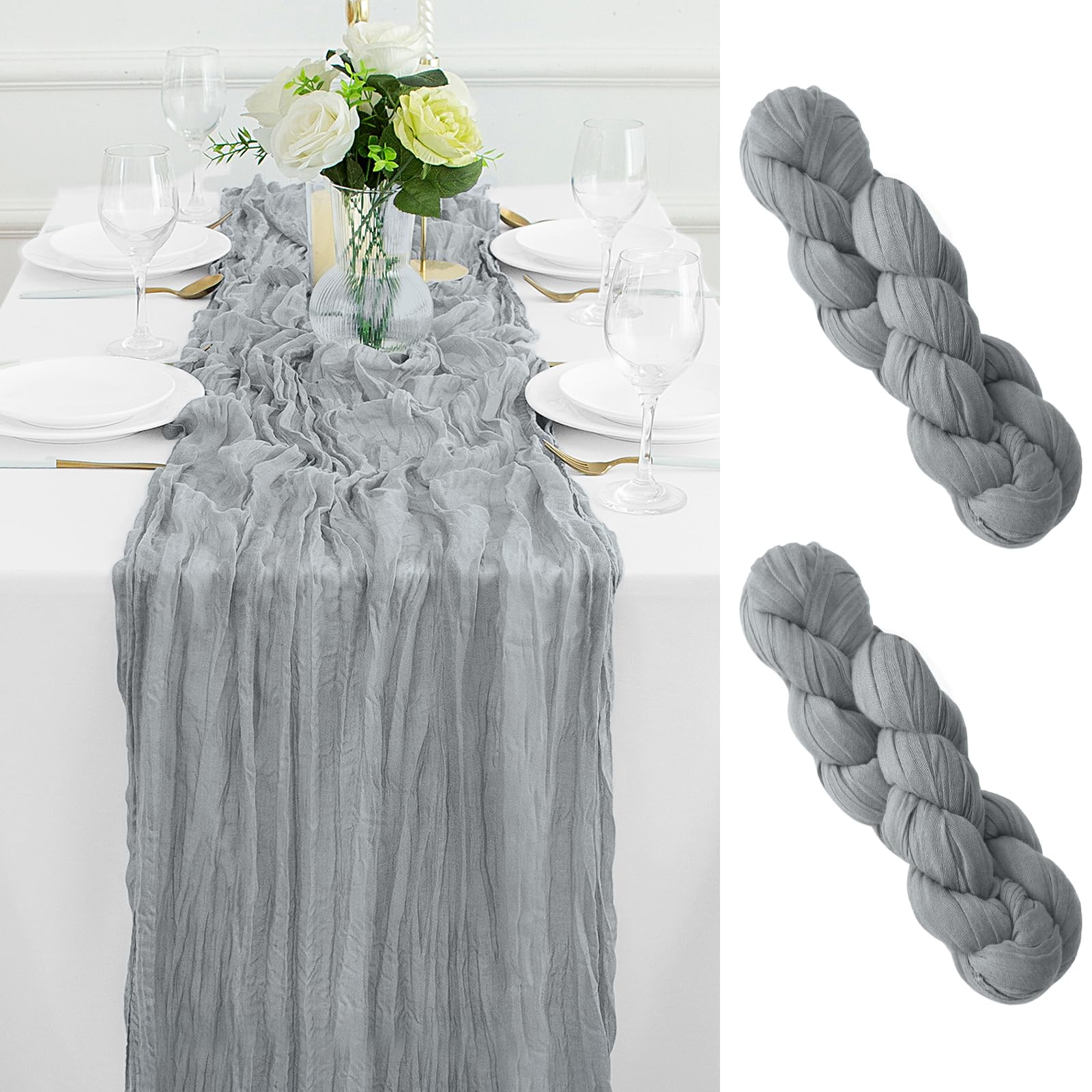 Photo 1 of 2Pack Grey Table Runner 10FT Cheesecloth Table Runner 35x120Inch Long Boho Cheese Cloth Table Runners Rustic Gauze Table Runners for Party Wedding Bridal Shower Baby Shower Decorations