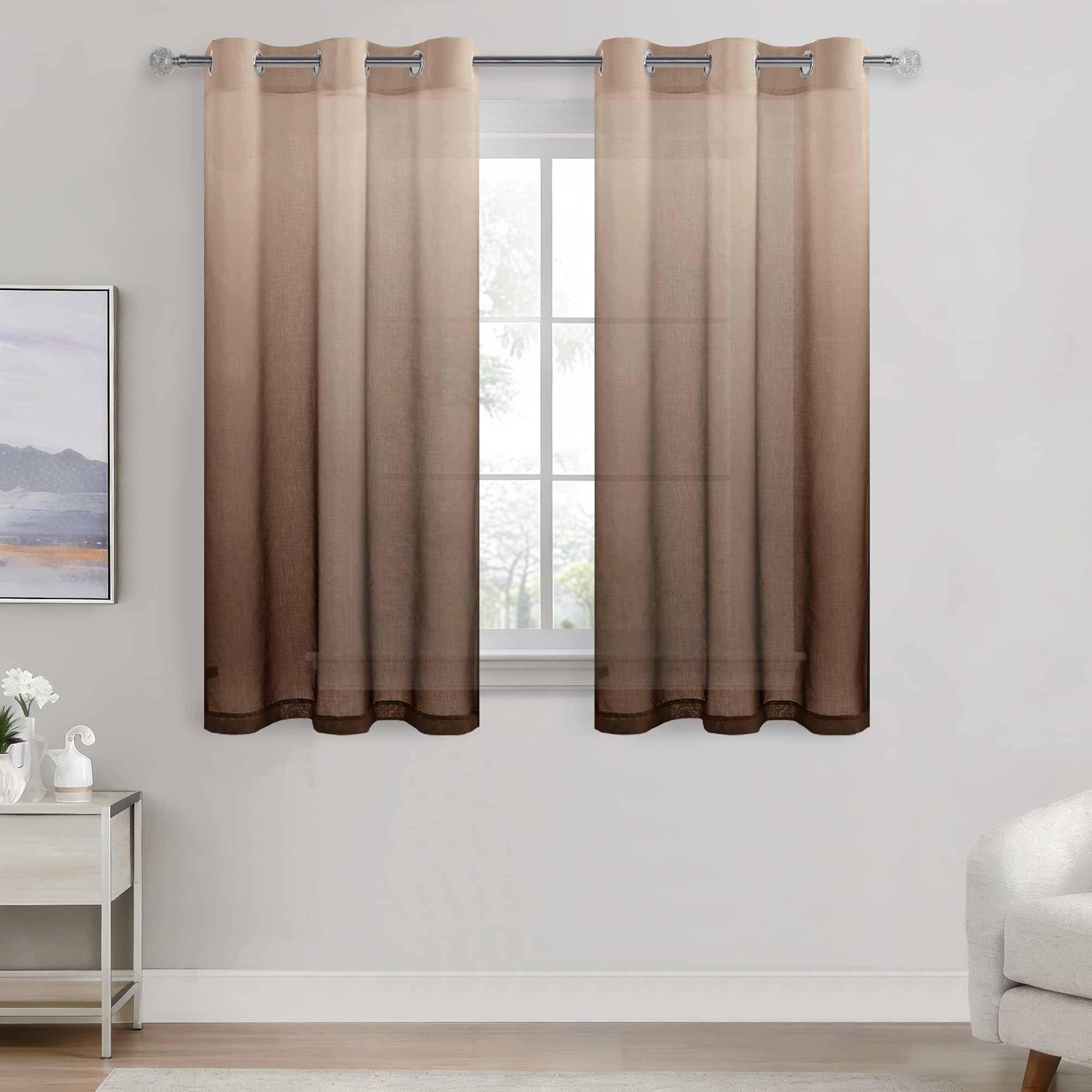 DWCN Voile Curtain Brown Gradient Curtains for Living Room Net Curtains for Windows Sheer Bedroom Crurtains Eyelet Set of 2, 46 x 54 Inches