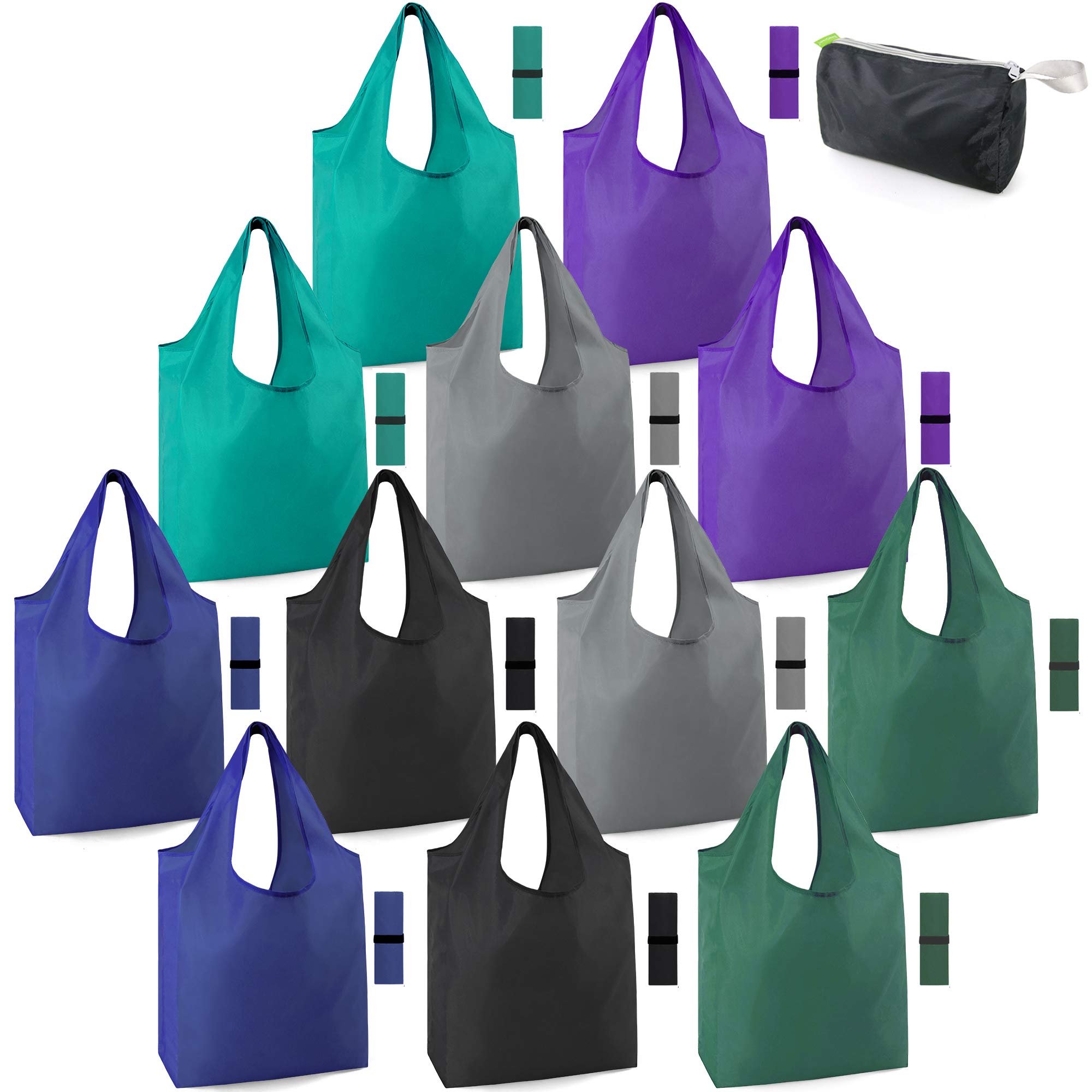 Reusable Bags for Shopping Machine Washable 12 Pack Xlarge Grocery bags Reusable Heavy Duty Folding with Elastic Band Colorful Tote Gift Bags Lightweight Durable Polyester