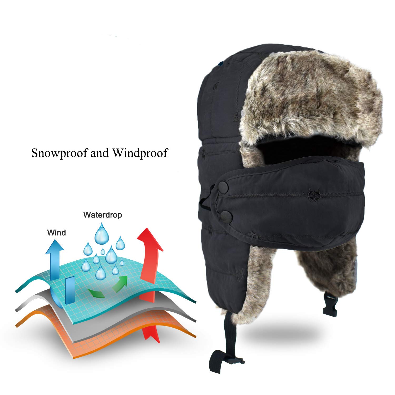 Unisex Winter Trapper Hat Warm Thick Trooper Hats Winter Hats ar Flap Bomber Hat with Windproof Mask for Hiking, Skiing, Skating and Climbing (Black)