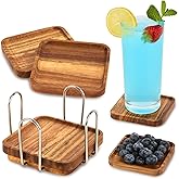 eleganlife Coasters Set of 5 for Coffee Bar Accessories - Acacia, Drink Coasters with Holder for Home Decor and Wooden Small Snack Trays Set - Portable for Home, Office and Relaxation