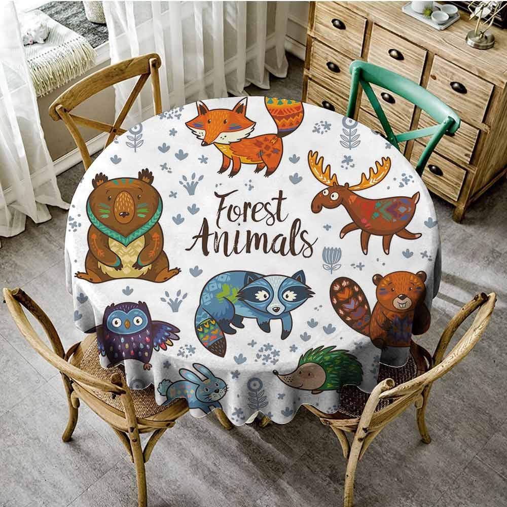 Cabin Decor Wrinkle Free Tablecloths Set of Cute Woodland Animals Tribal Nature Elements Kids Room Nursery Wall Art Decorative Round Tablecloth Multicolor Diameter 36"