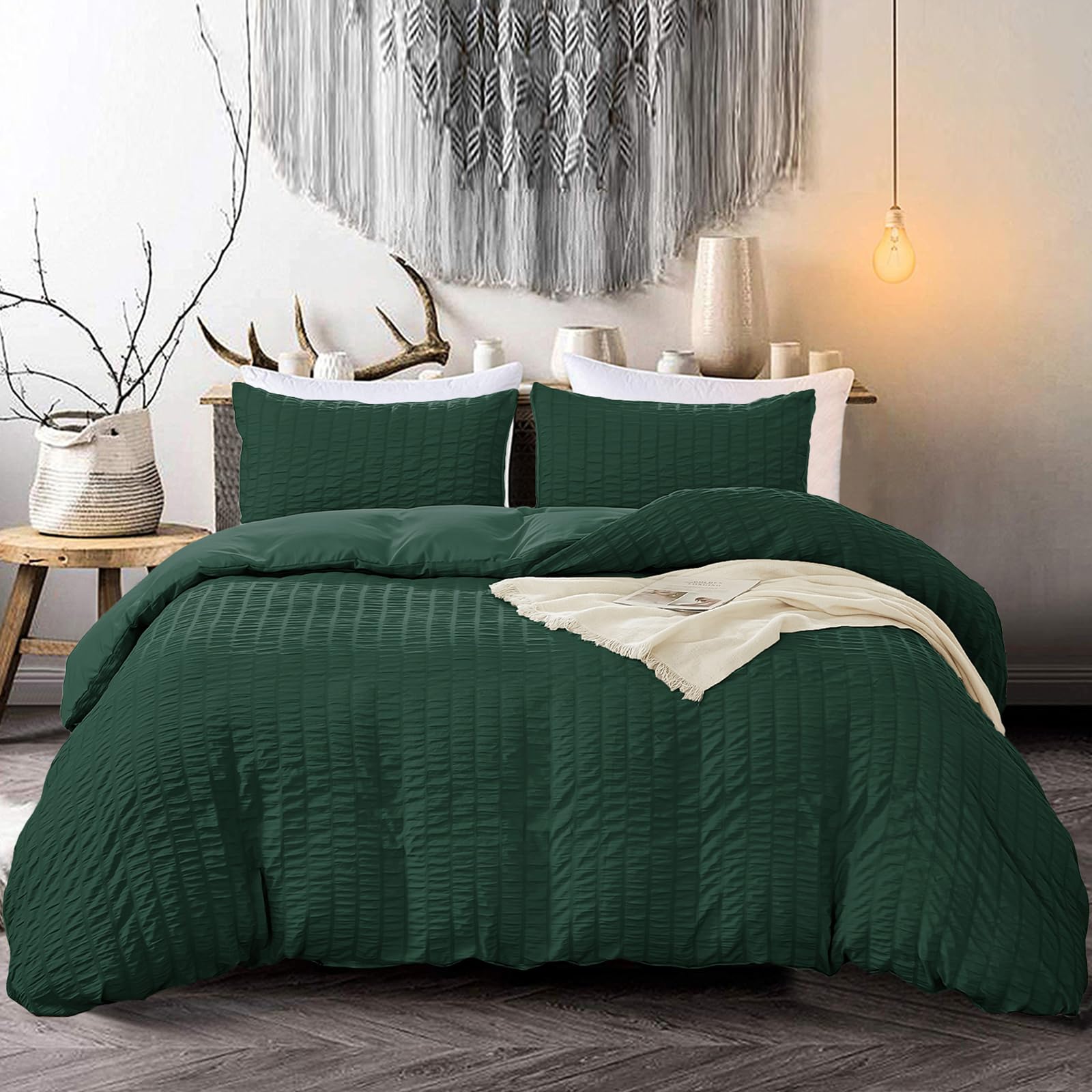 3 Pieces Emerald Green Duvet Cover Set for Adults Classic Seersucker Soft Breathable Microfiber Bedding Set King 220 x 230cm