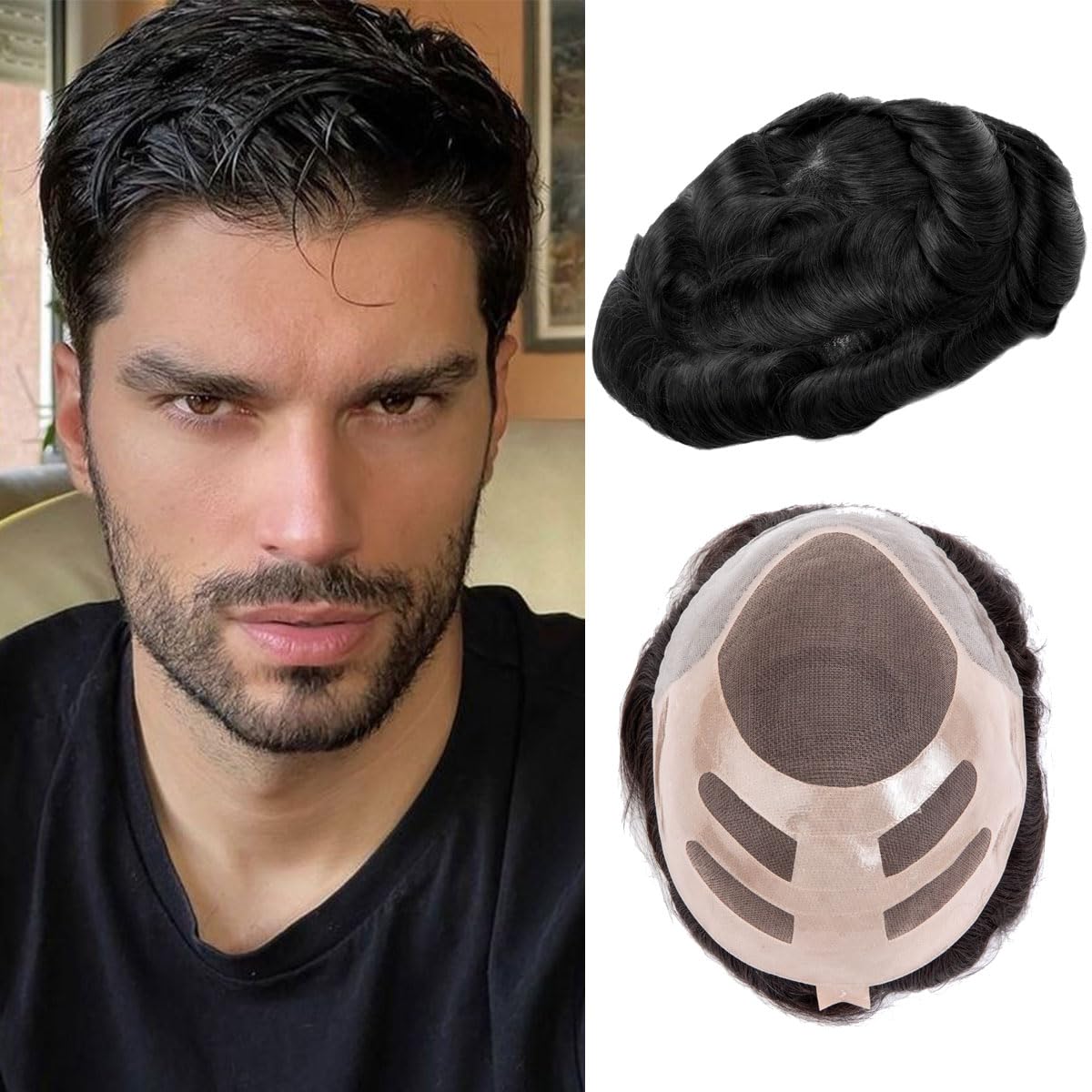 Ehairc Hair System For Men Bond Mono Lace Pu Front And Npu Back Mens Toupee Durable Toupee For Men 100% Human Hair Toupee for Men 130% Medium Density (#1C)