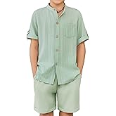 Arshiner Boy's 2 Piece Beach Outfit Short Sleeve Textured Button Down Shirt and Short Sets Summer Vacation Wear 5-12 Years