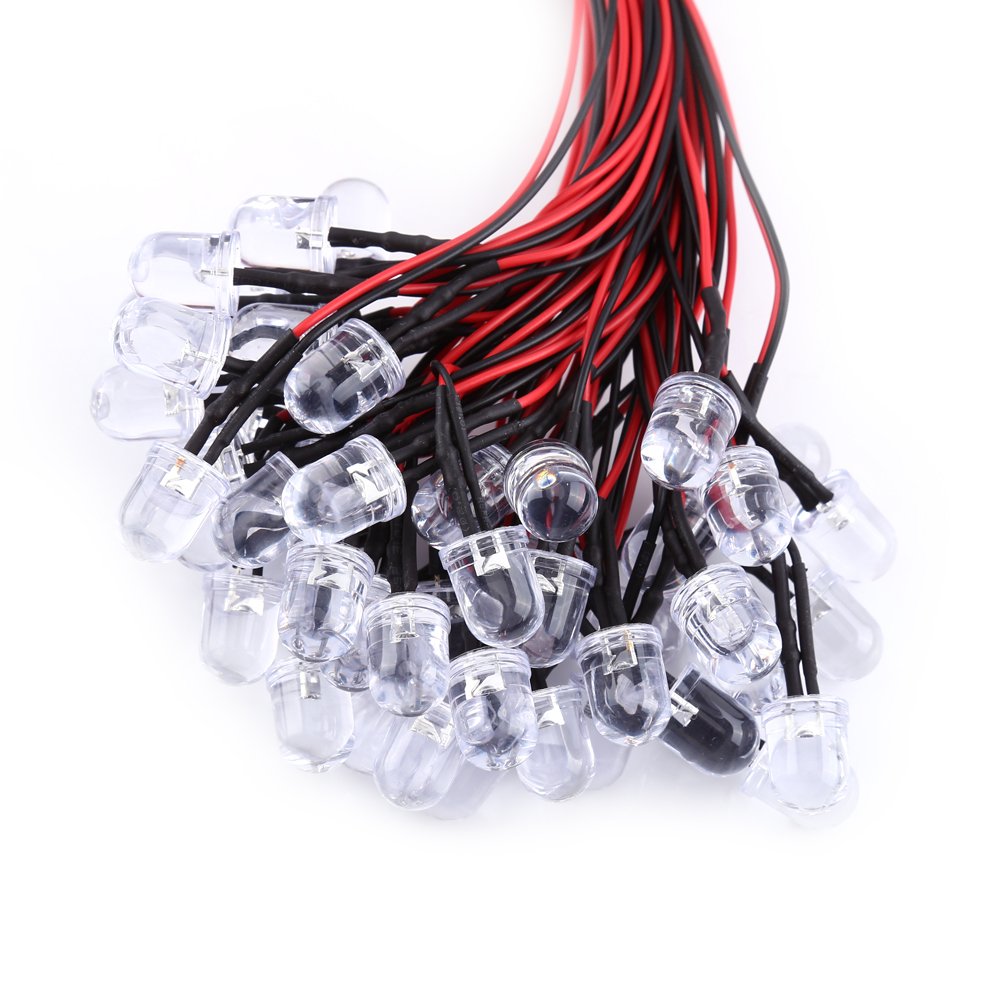 Pre-Wired Diffused LED Diodes Light DC 9-12V 3 5 10mm Water Clear White Red Blue Green Light 50Pcs(Blu-3mm)
