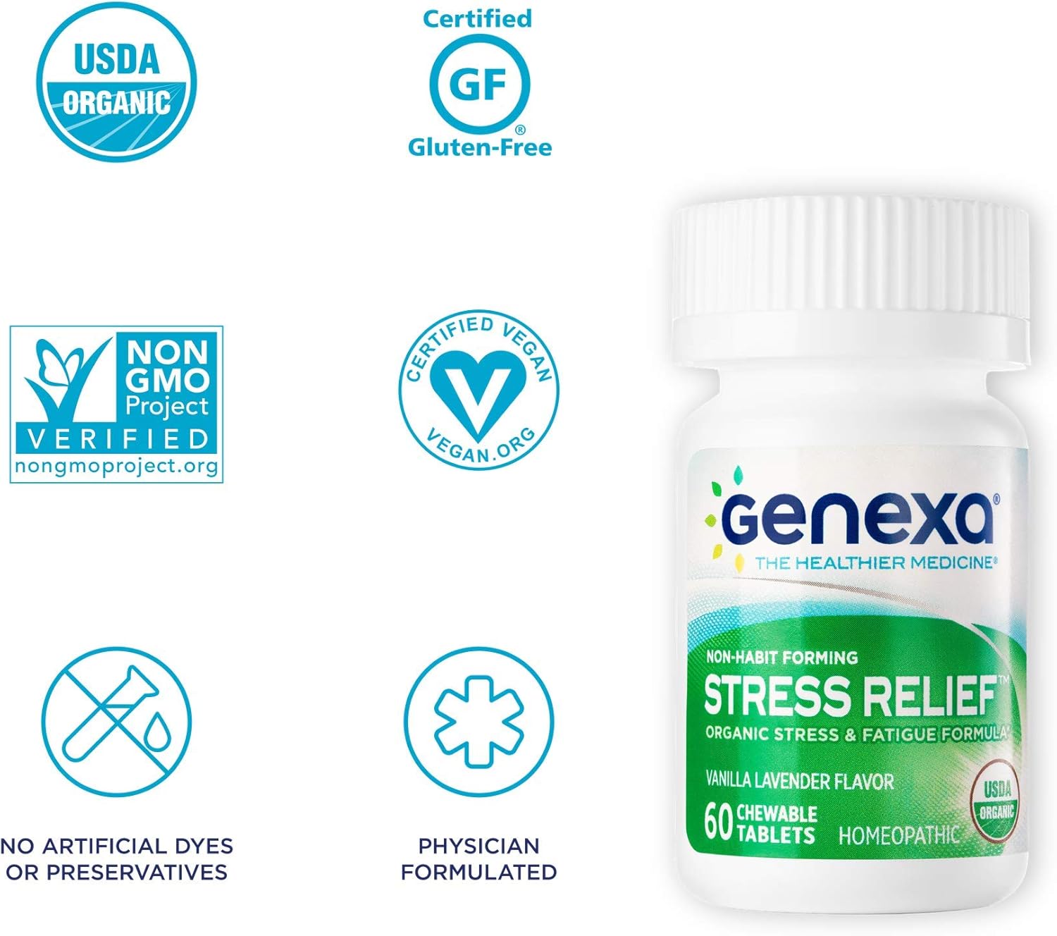 Genexa Stress Relief - 60 Tablets | Certified Organic & Non-GMO, Physician Formulated, Homeopathic | Stress & Fatigue Remedy: Health & Personal Care