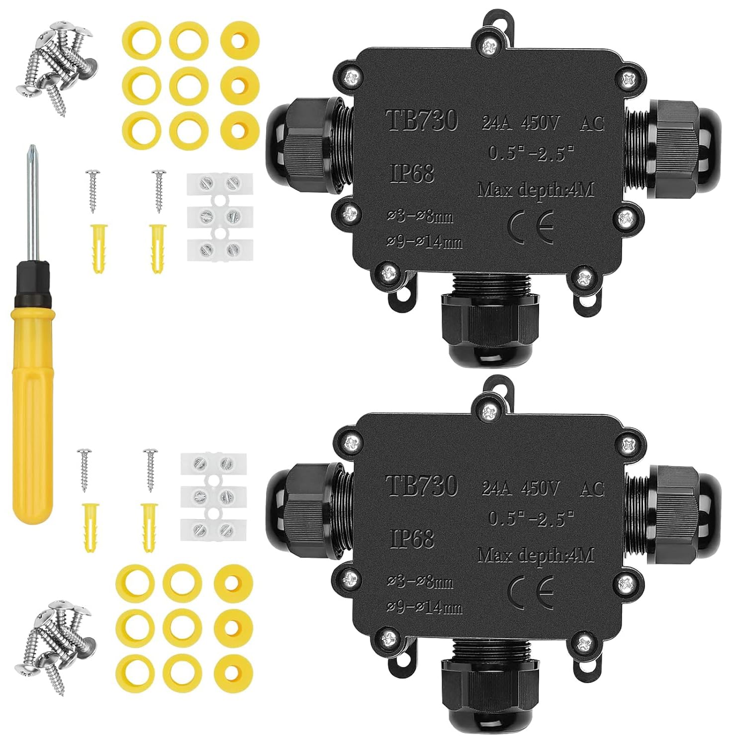 2pcs IP68 waterproof junction box, 3 way outdoor electrical connector, outer sleeve protection box, cable wire connector for 3-8mm and 9-14m waterproof electrical junction box