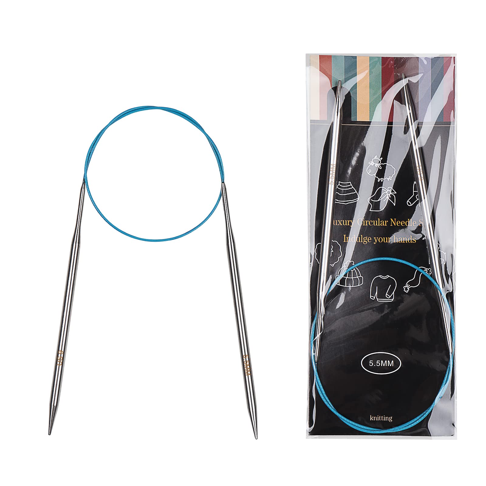 Aeelike 5.5mm Circular Knitting Needles 60cm, Metal Stainless Steel Round Knitting Needles with Fixed Cable for Knitting Hats, Socks and Magic Loop, Circular Needles 5.5mm