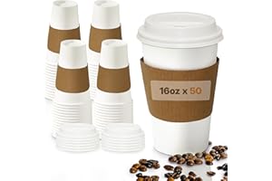 16oz Disposable Coffee Cups with Lids and Sleeves – Set of 50 Disposable Cups for Hot and Cold Drinks – White Paper Cups with