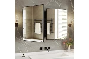 Yunnshee Yursa Medicine Cabinet Mirror 36x24 Inch, Black Bathroom Mirror Cabinet with Stepless Adjustable Shelves, Double Doo