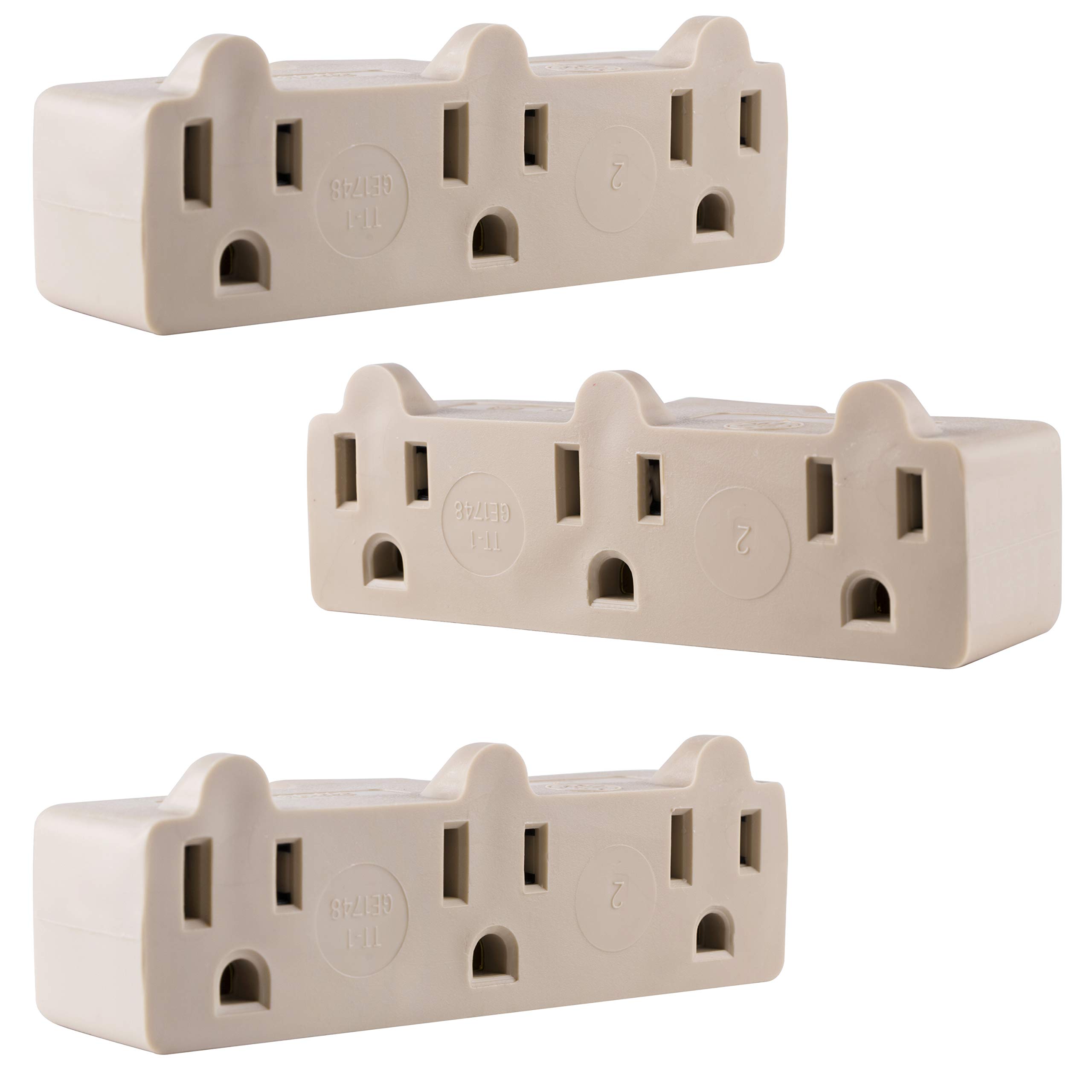 GE3-Outlet Extender, 3 Pack, Grounded Wall Tap, 3-Prong, Multiple Plug, Power Splitter, Cruise Essentials, Use for Home Office School Dorm, UL Listed, Light Almond, 46853