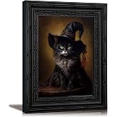 Black Framed Vintage Halloween Black Cat Canvas Wall Art Gothic Witch Cat Portrait With Hat Wall Decor Picture Dark Academia Halloween Animal Poster Print for Living Room Bedroom House Decoration