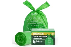 TERRACOR 1.6 Gallon Compostable Food Scrap Bags Handle Tie for Kitchen Countertop Bin, 6 Liter Small Compost Bags, 50 Count, BPI Certified and Meet The ASTM D6400 Standard