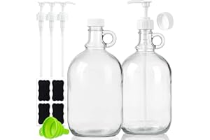 Sovietiep 2 Pack 64 Oz Laundry Detergent Dispenser with Pump and Lid - Half Gallon Glass Pump Bottle for Laundry Soap Dispenser, Liquid Detergent, Fabric Softener Dispenser - Extra Label, Funnel