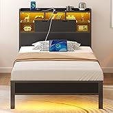 Rolanstar Twin Bed Frame with Headboard, LED Bed with Bookcase Storage and Charging Station, Metal Platform Bed with Glass Shelves, No Box Spring Needed, Noise-Free, Black