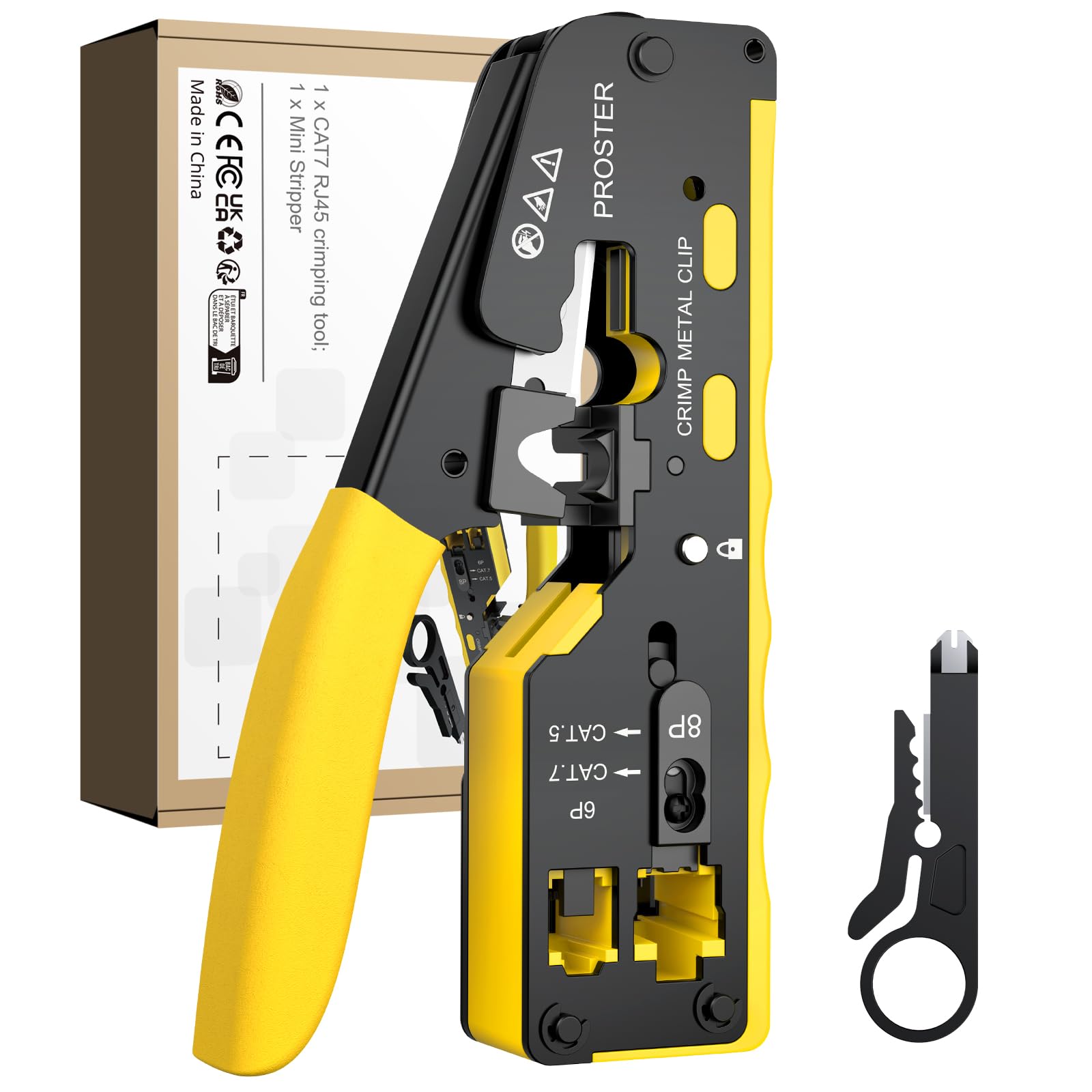 Proster Pass Through RJ45 Crimp Tool - CAT7 Ethernet Crimping Tool for 8P RJ45 CAT5 CAT6 CAT7 Network Cable & 6P RJ11 RJ12 Telephone Line Connector RJ45 Pass Through Crimper with Stripper