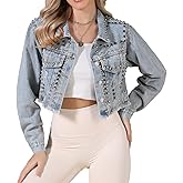 Allegra K Jean Jacket for Women's Rocker Party Rhinestones Denim Jacket