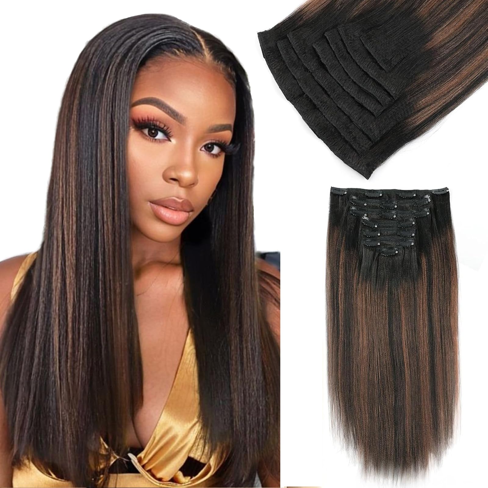 Yuniffe Yaki Straight Clip in Hair Extensions for Black Women Natural Black to Piano Color Black With Chocolate Brown Real Human Hair Extensions Clip ins Double Weft Remy Yaki Hair 20 Inch 7Pcs 120g