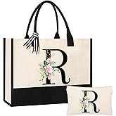 AYGE Personalized Initial Canvas Beach Bag Cosmetic Bags, Tote Bag, Makeup Bag, Gifts for Sister Mom Teacher Bridesmaid