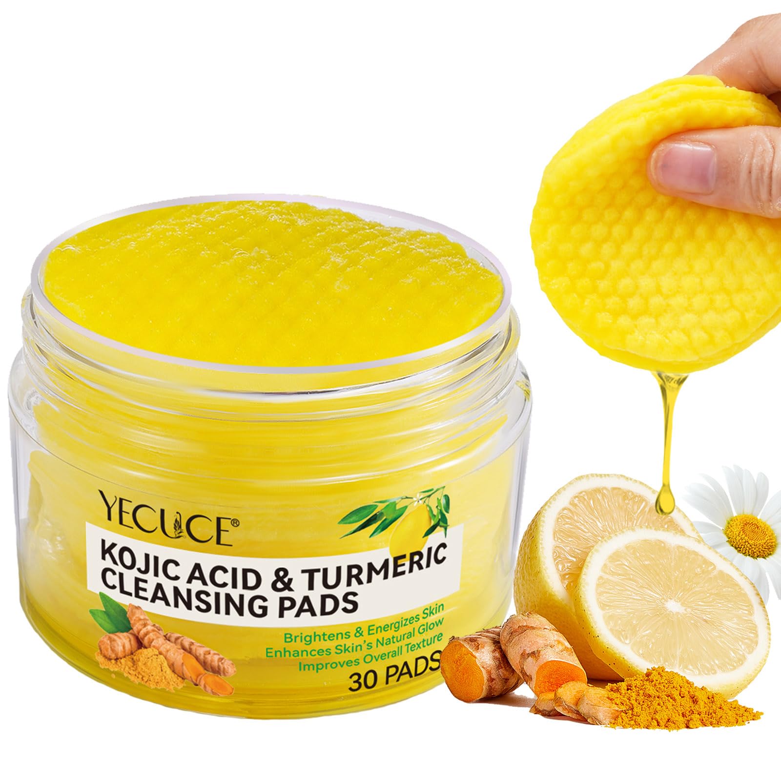 Kojic Acid and Turmeric CleansingPads, 30 PCS Exfoliating Face Wipes, Chamomile and Lemon Exfoliator Pad for Acne Scars and Unclogging Pores