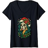 Womens Christmas Sugar Skull Art Woman Santa Hat Festive V-Neck T-Shirt