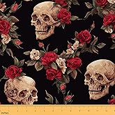 Feelyou Kids Sugar Skull Fabric by The Yard 1 Yard Rose Flroal Upholstery Fabric for Chairs Decor Gothic Skeleton Decorative Waterproof Outdoor Fabric Botanical Floral Print Outdoor Fabric