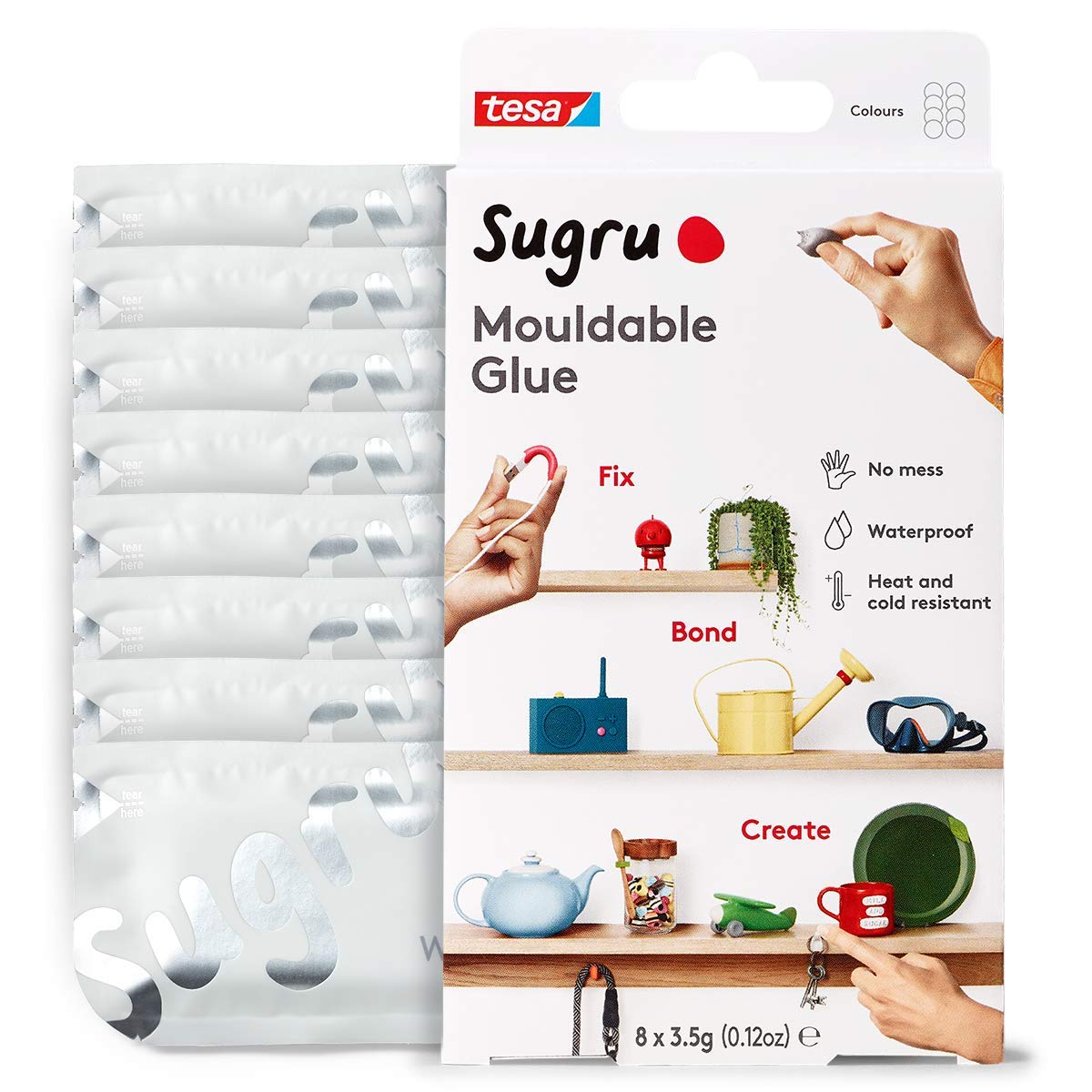 Sugru by tesa - Mouldable Multi-Purpose Glue for Creative Fixing and Making, White, 8-Pack