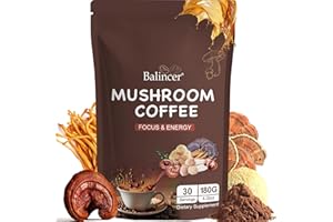 BALINCER Mushroom Coffee, 6 Adaptogenic Mushrooms (Lion's Mane, Cordyceps, Turkey Tail & Other) Mixed with Premium Instant Coffee for Focus, Energy, Immune and Gut Health Support, 30 Servings