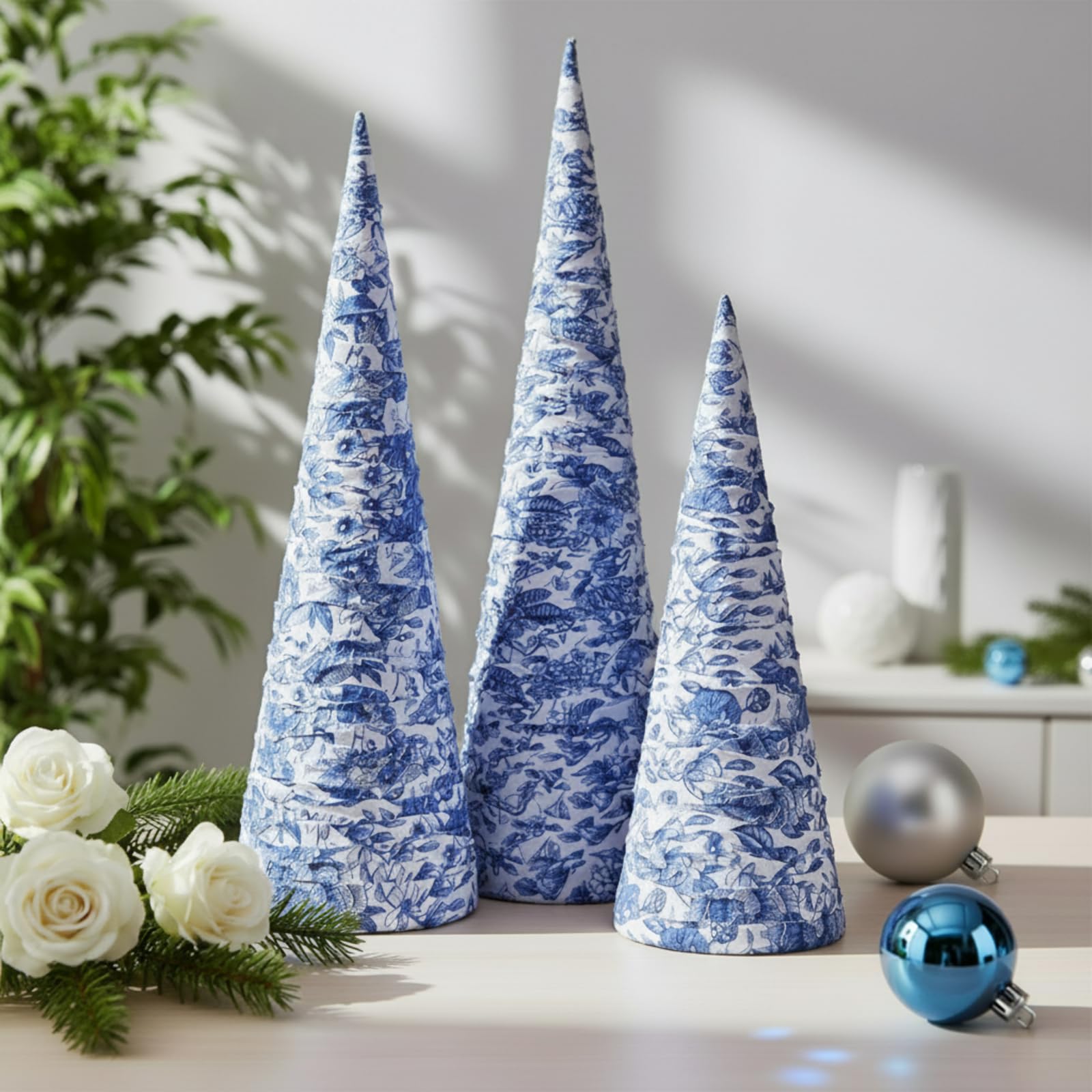 Photo 1 of 3 Set 14" 12" 10" Blue and White Christmas Tree Decor Chinoiserie Christmas Tree Table Decor Large Cone Porcelain Xmas Trees for Holiday Wedding Party Mantle Table Centerpiece Home Indoor Outdoor
