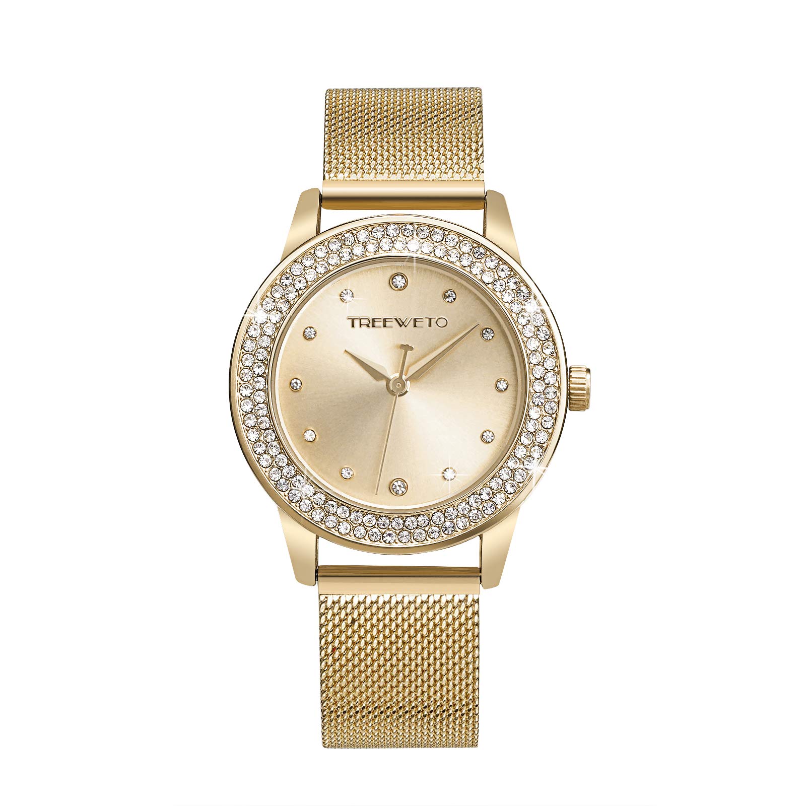 TREEWETO Women's Watch Analogue Quartz Bracelet Watch Crystal Mesh Stainless Steel Belt Women's Quartz Diamond Classic Fashion Romantic Rose Gold/Silver, gold, Classic