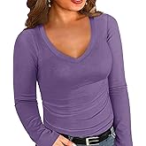 Chulianyouhuo Womens Plus Size Long Sleeve Shirts V Neck Ribbed Knit T Shirt Slim Fitted Casual Basic Tee Tops
