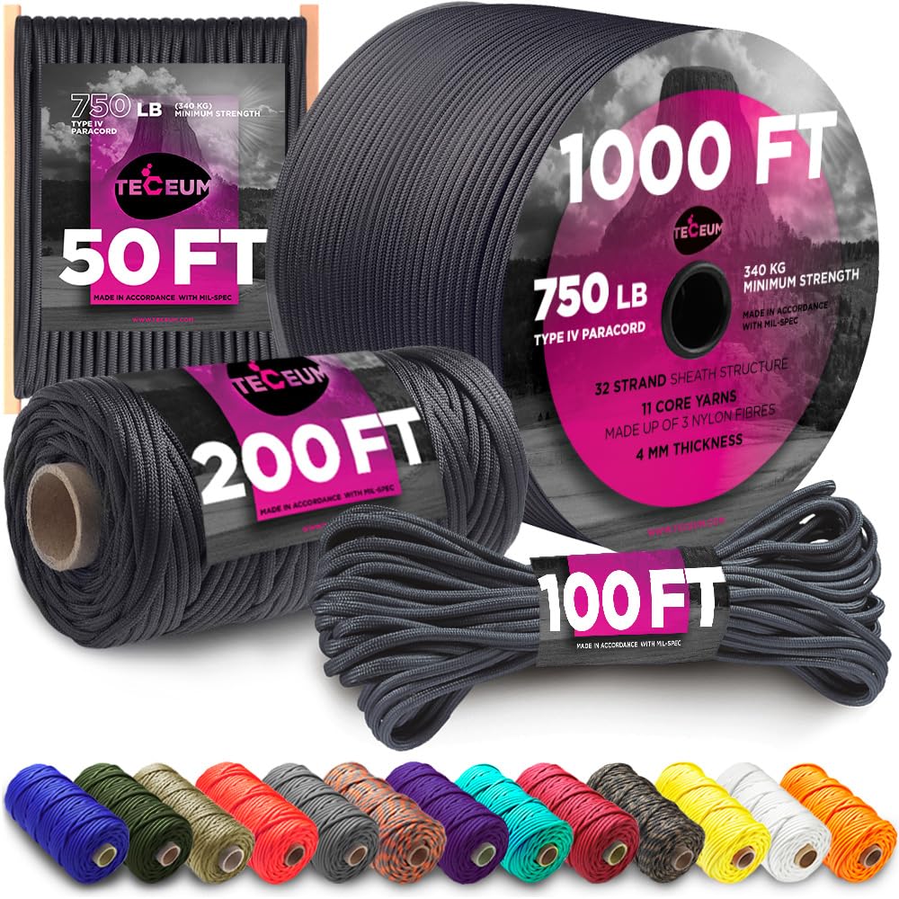 Photo 1 of TECEUM Paracord Type IV 750 lb Basalt – 100 ft – 4mm – Nylon Strong Tactical MIL–SPEC Parachute Cord – Survival Rope Emergency para Cord 11 Strands Core EDC Camping Hiking Military Gear 409? Grey in color