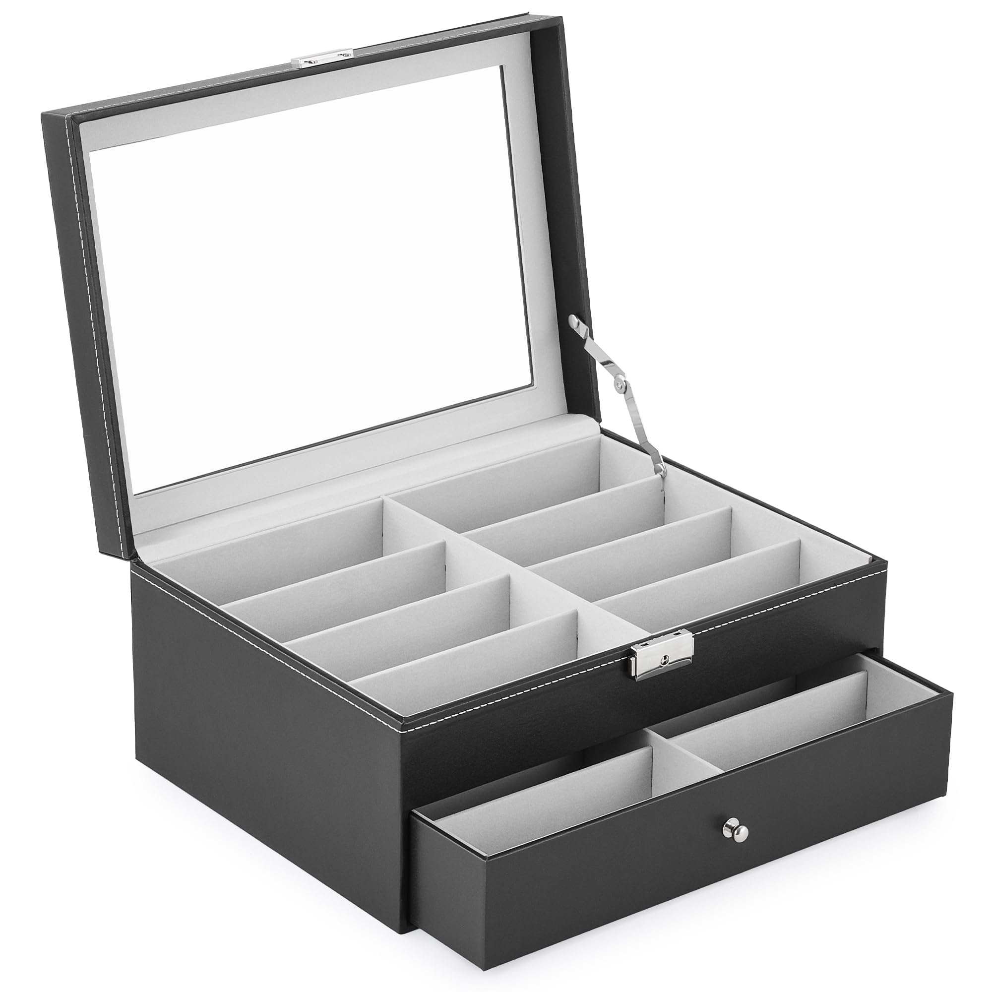 CO-Z 16 Compartment Sunglasses Organizer, Leather Eyeglasses Storage Box for Women Men, Lockable Eyewear Display Case with Drawer, Glasses Holder with 16 Slots for Watches Jewelry Collection, Black