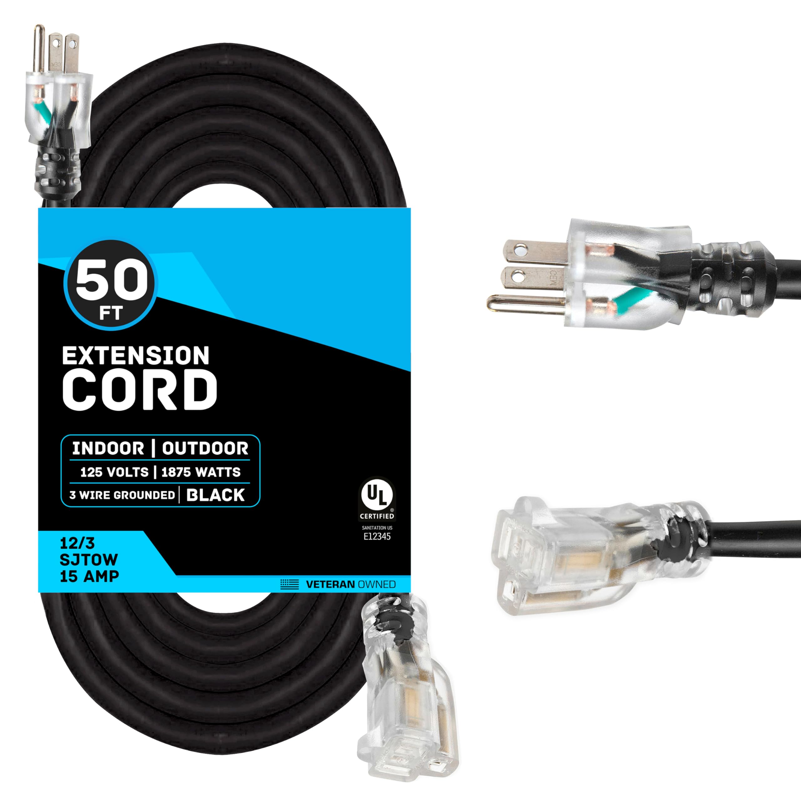 THONAPA 12 Gauge Outdoor Extension Cord 50 ft, SJTOW Oil Resistant & Flame Retardant, 12/3 Black Heavy Duty Extension Cord 50ft with 3 Prong for Farm, Ranch, Workshop, Major Appliances Image