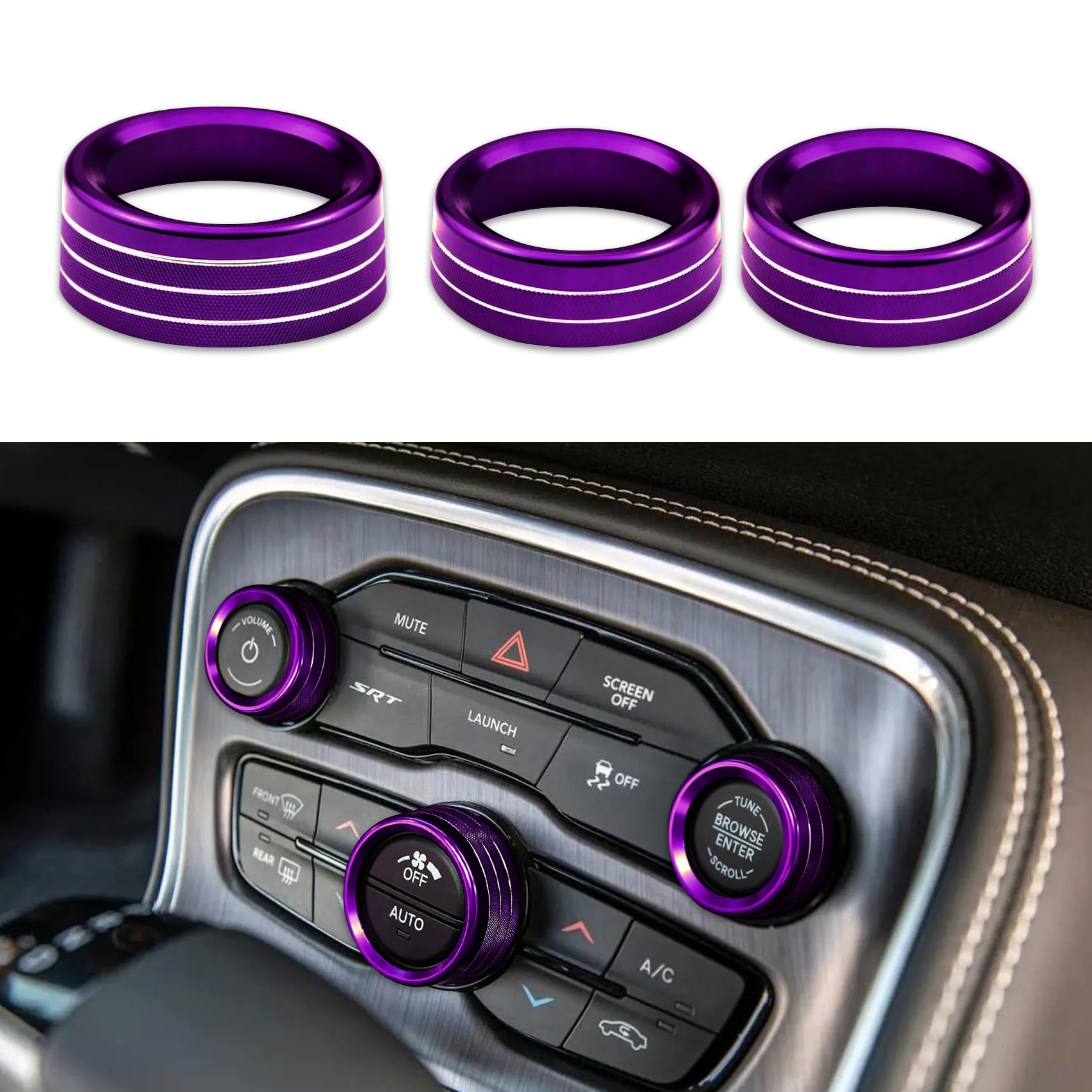 Photo 1 of 3PCS Air Conditioner Switch Button Knob Cover, Auto Accessories Climate Control Knob Covers, Aluminum Alloy Knob Ring Trim Cover Compatible with Dodge Challenger Durango 2015-2022 (Purple)