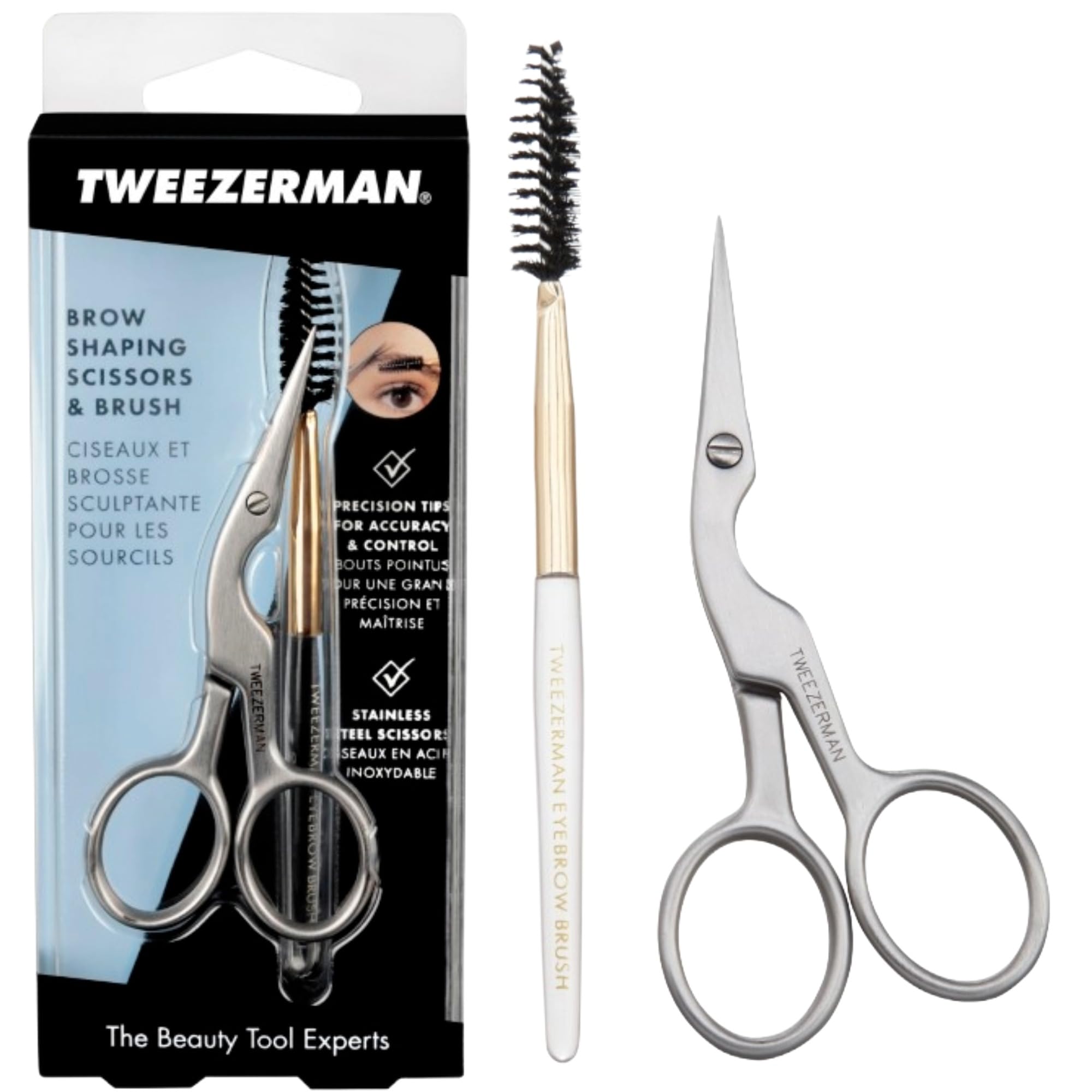 Tweezerman Eyebrow Shaping Kit, Brow Scissors and Brush, Professional Stainless Steel Mini Scissors, (Pack of 2)