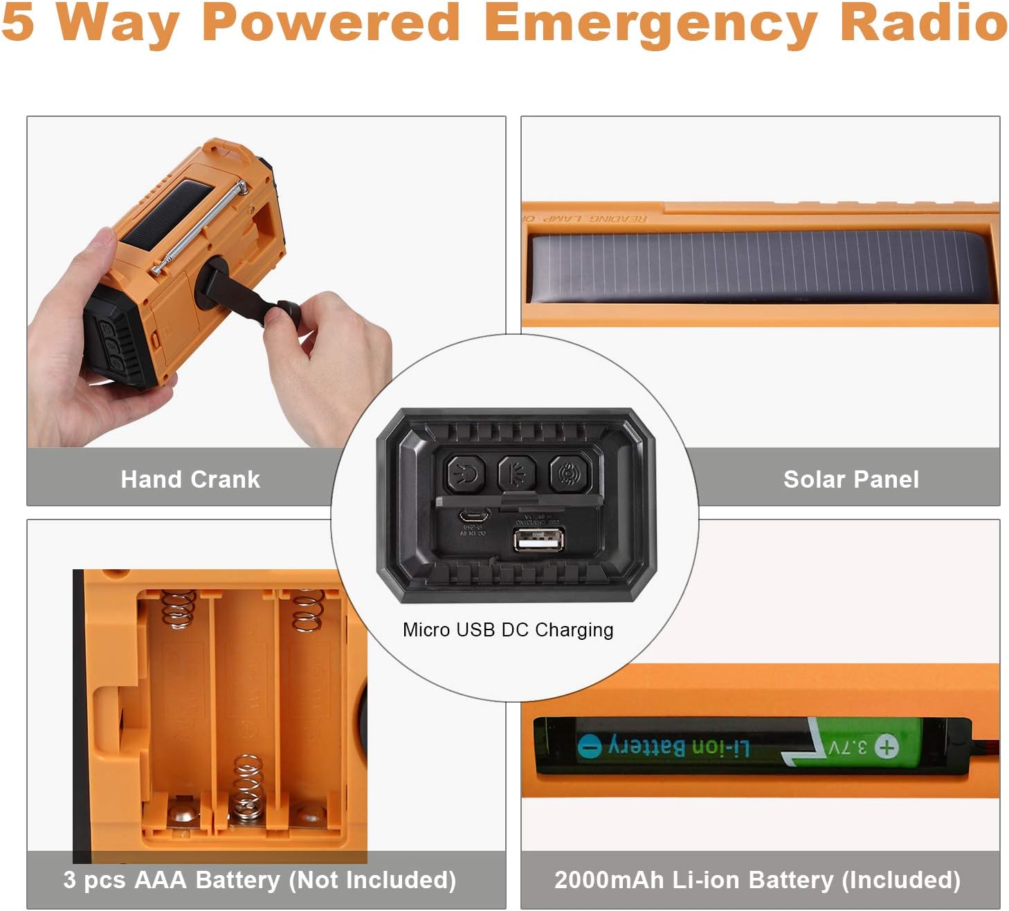 5-Way Powered Solar Hand Crank NOAA Weather Alert Radio,AM/FM Shortwave Survival Portable Outdoor Emergency Radio,2000mAh Rechargeable Battery Cellphone USB Charger,LED Camping Flashlight,SOS&Compass: Home Audio & Theater