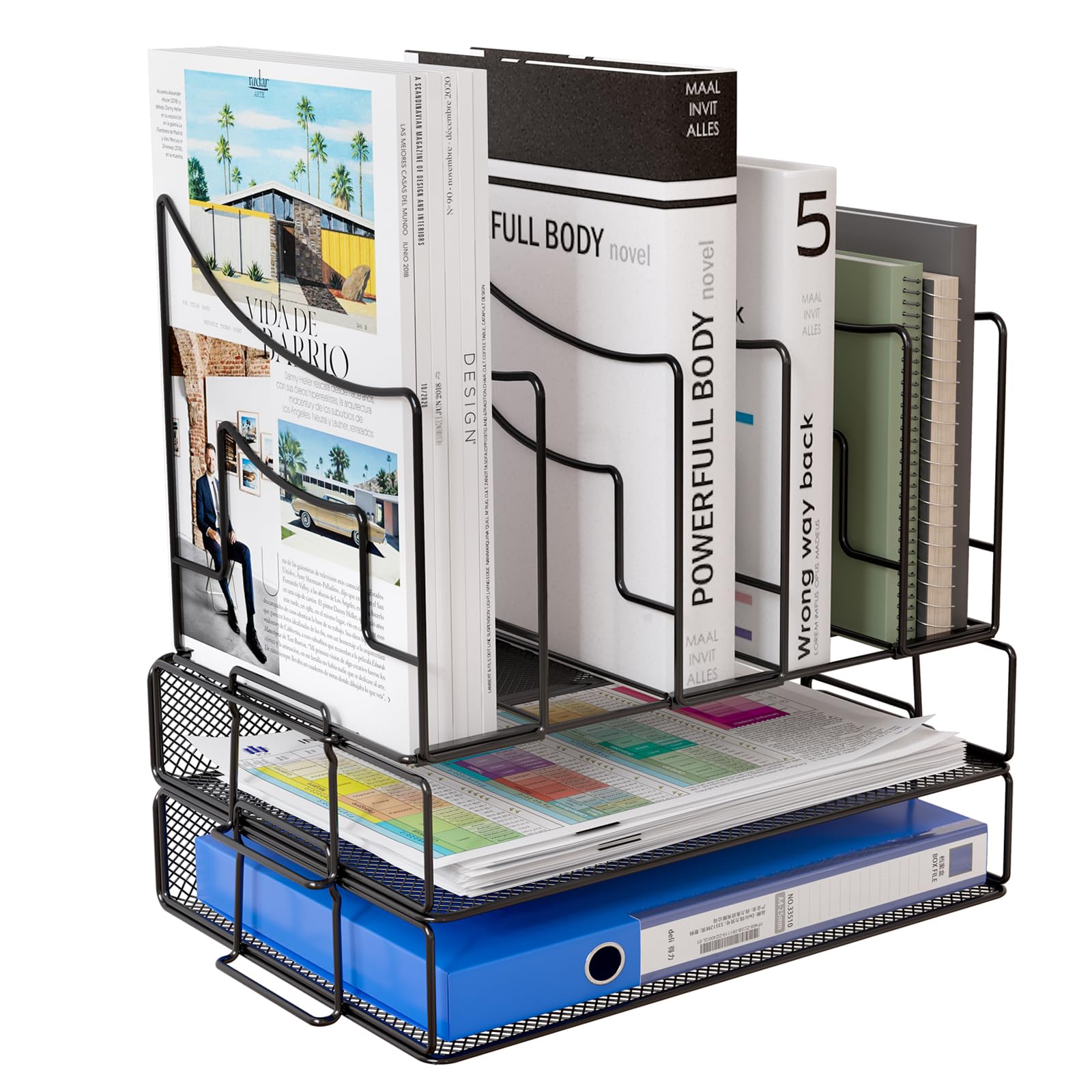 TQVAI Stackable Letter Tray Desk Tidy Organiser with 5 Section Magazine File Holder A4 Paper Storage Organiser Document Holder, Black