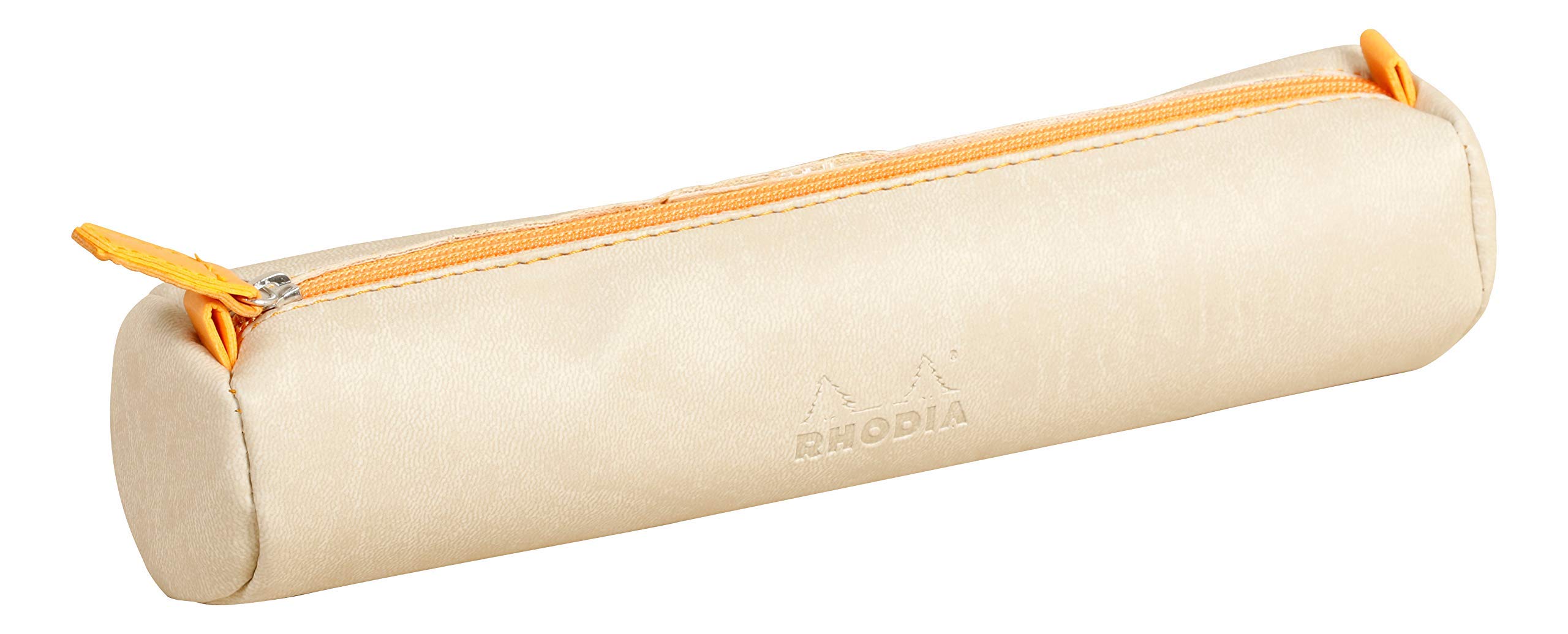 RHODIA 318895C - Rhodiarama Beige Round Pencil Case - 21.5 x 5.5 cm - Genuine Orange Stitching - Ivory Jersey Interior - Faux Leather - Storage for Pens, Pencils, Markers, Small Supplies
