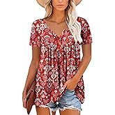 Mystry Zone Womens Henley V Neck Casual Blouse Button Down T Shirts Flare and Flowy Tops