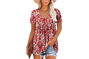 Mystry Zone Womens Henley V Neck Casual Blouse Button Down T Shirts Flare and Flowy Tops