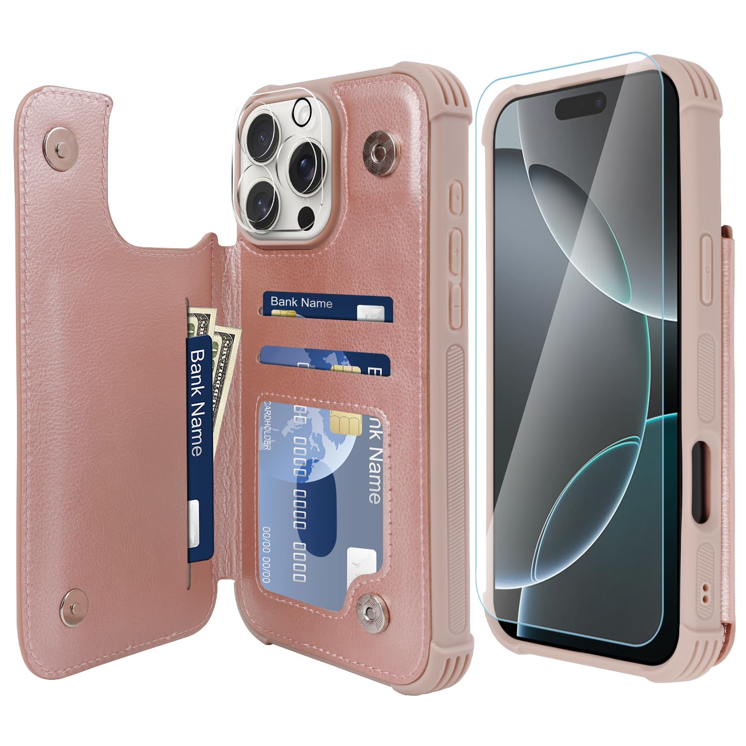 VANAVAGY Compatible for iPhone 16 Pro Max Wallet Casewith Credit Card Holder,Rfid Leather Flip Folio Cover Fits Magnetic Car Mount and Stand with Screen Camera Protector,Rose Gold