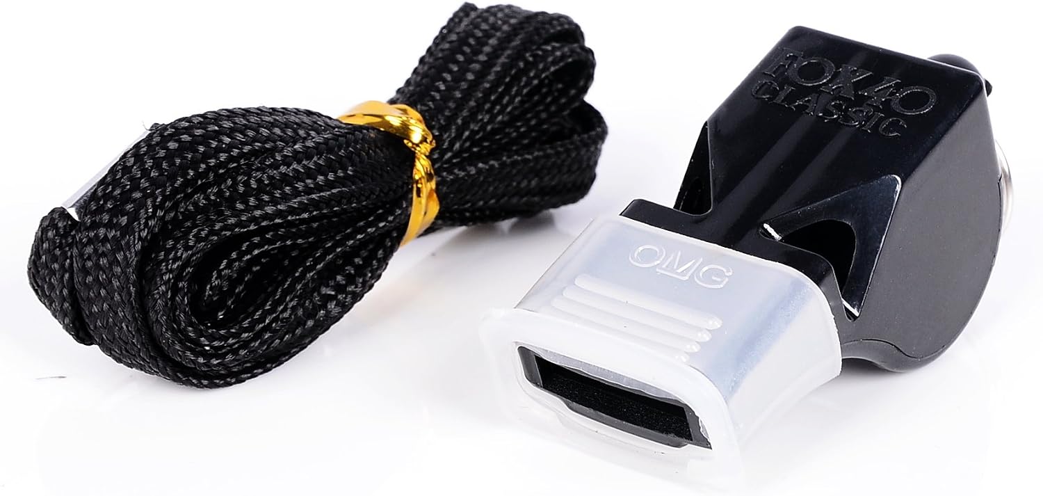 Fox 40 Classic CMG Official Whistle with Break Away Lanyard (Black), Multicolour With Black, 115 db (Single With Lanyard)