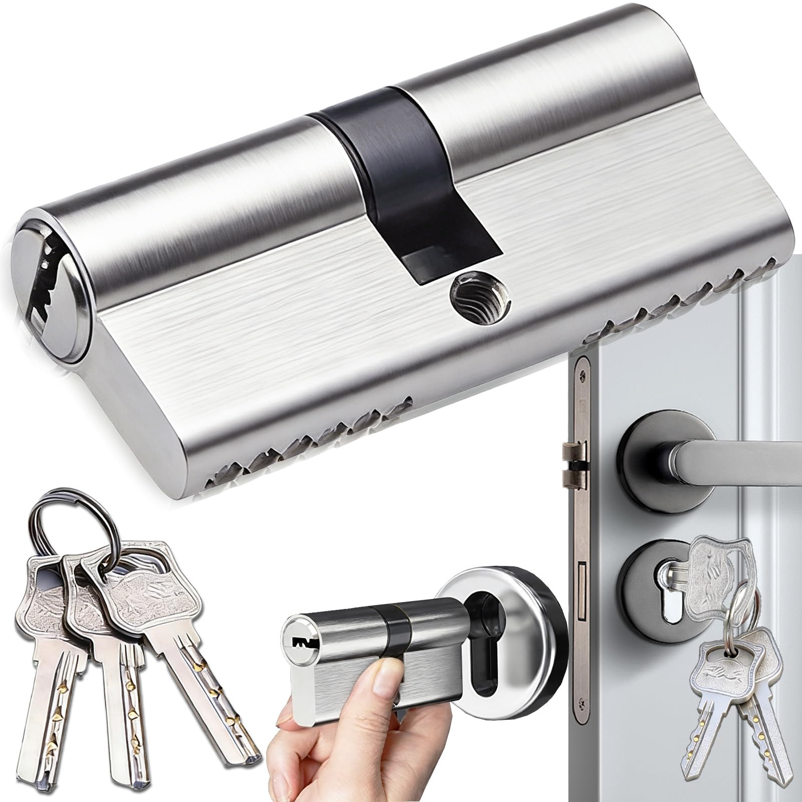 70 mm Door Lock Cylinder Lock, Matt Brass Solid Lock Cylinder, Brass Lock Cylinder, Security Lock Front Door, Cylinder Lock with 3 Keys, Cylinder for Front Door Lock, Silver