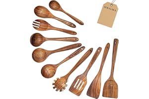 Wooden Spoons for Cooking,Natural Teak Wooden Kitchen Utensils Set (10 PCS)